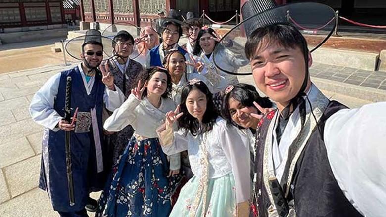 Penn State Abington students wearing hanbok traditional Korean clothing